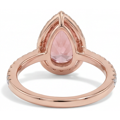 Pear Padparadscha and White Diamond Halo Ring Natural 14K Rose Gold