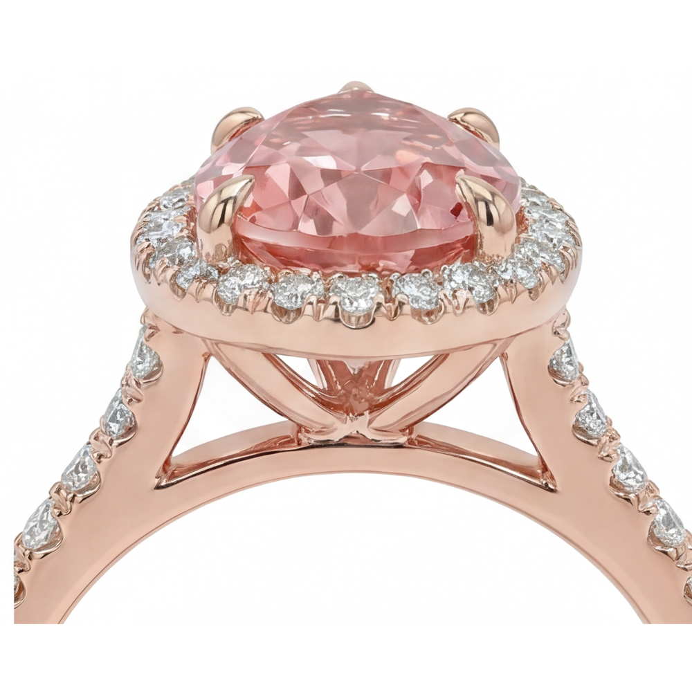Pear Padparadscha and White Diamond Halo Ring Natural 14K Rose Gold