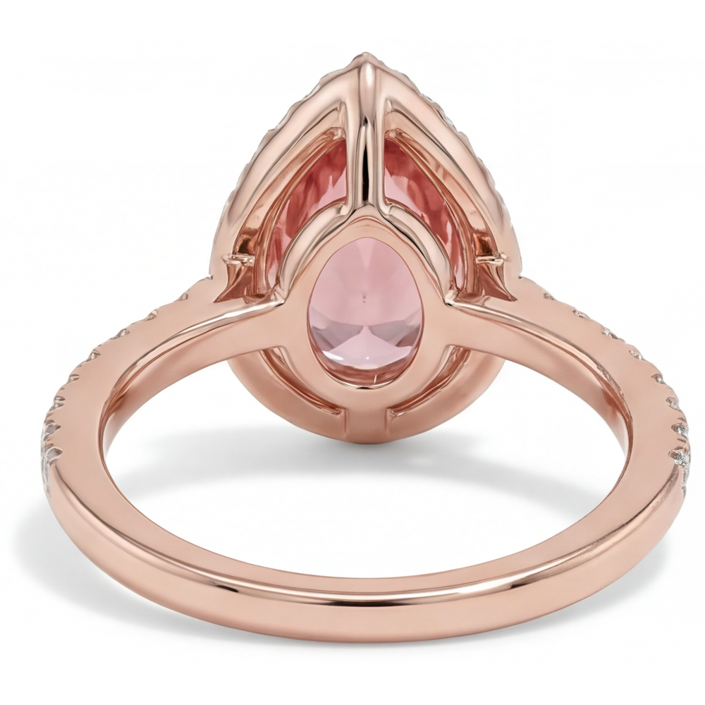 Pear Padparadscha and White Diamond Halo Ring Natural 14K Rose Gold