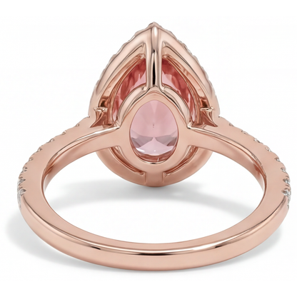 Pear Padparadscha and White Diamond Halo Ring Natural 14K Rose Gold