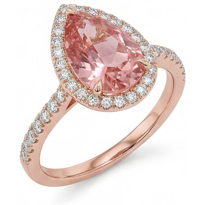 Pear Padparadscha and White Diamond Halo Ring Natural 14K Rose Gold