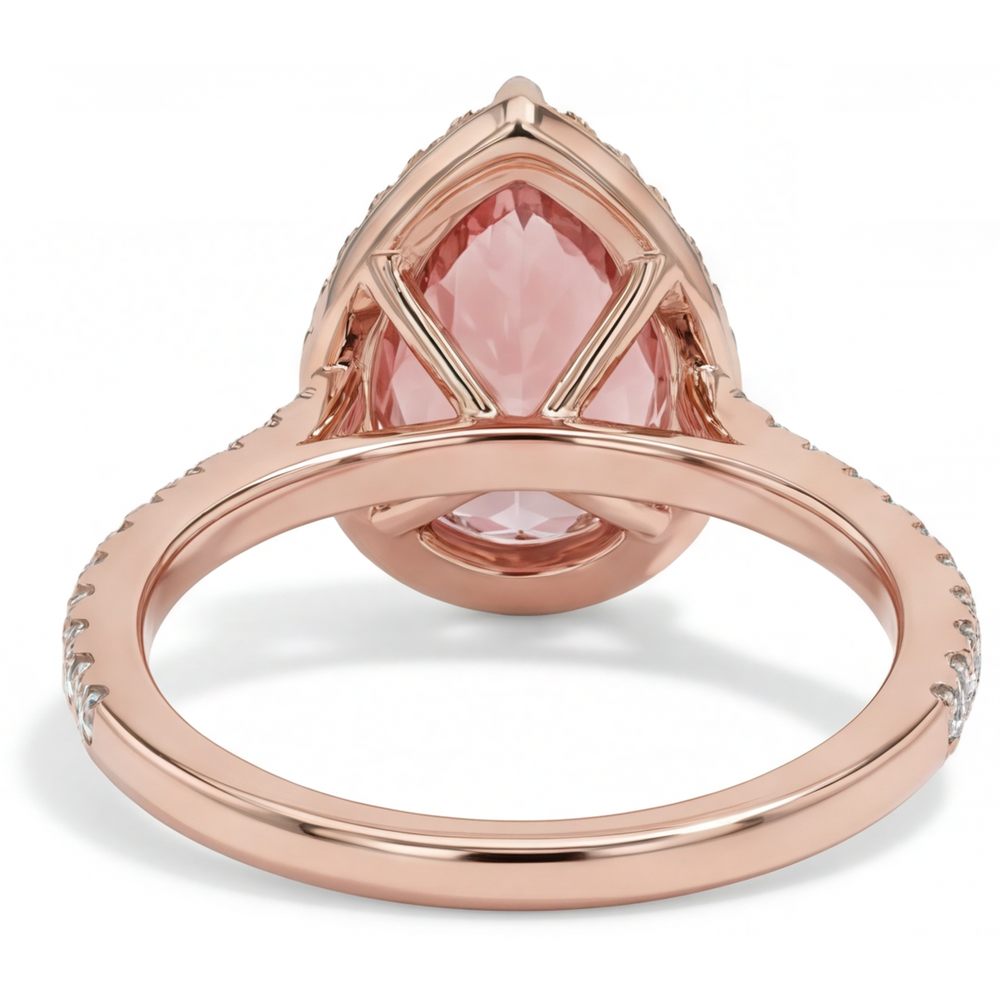 Pear Padparadscha and White Diamond Halo Ring Natural 14K Rose Gold