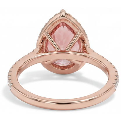 Pear Padparadscha and White Diamond Halo Ring Natural 14K Rose Gold
