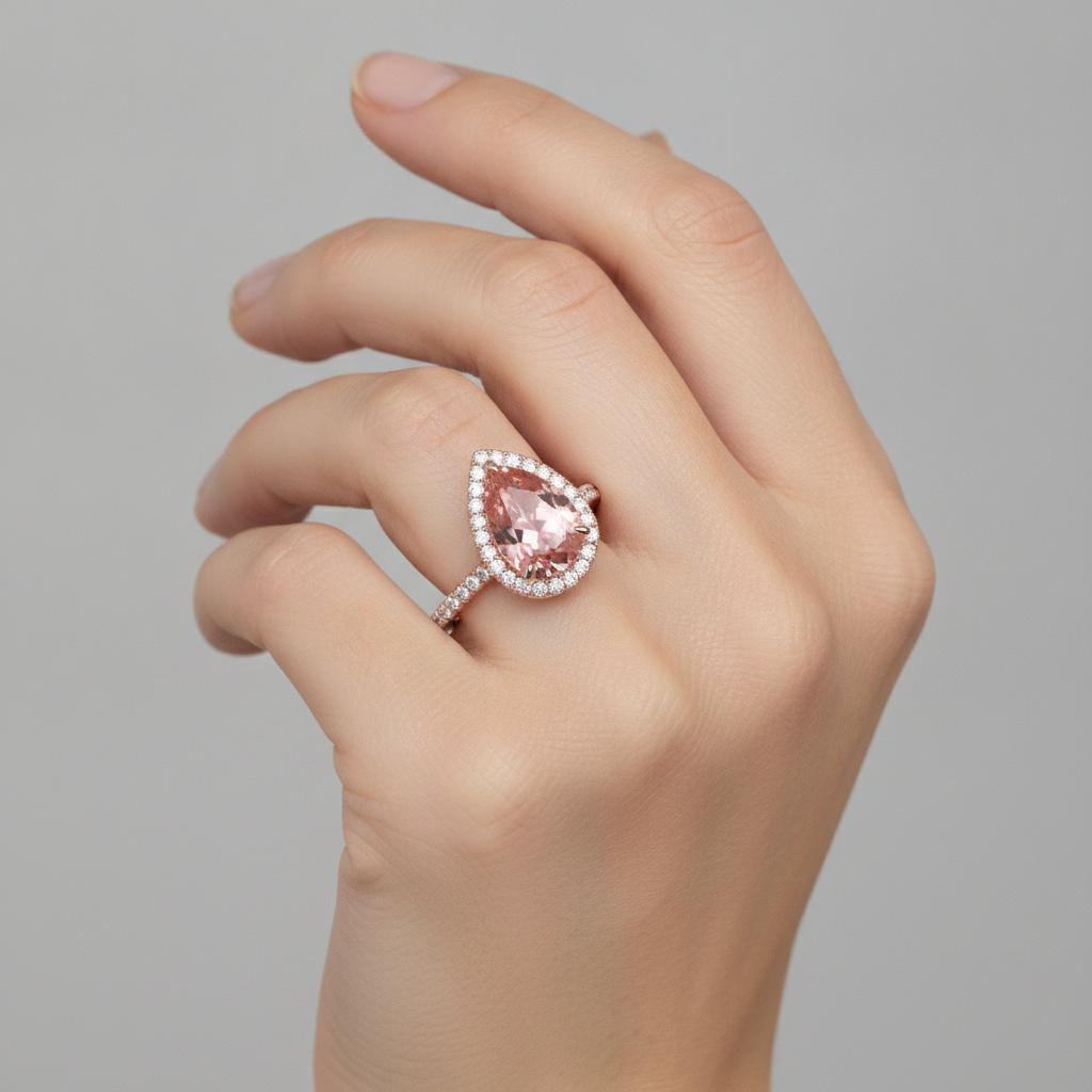 Pear Padparadscha and White Diamond Halo Ring Natural 14K Rose Gold