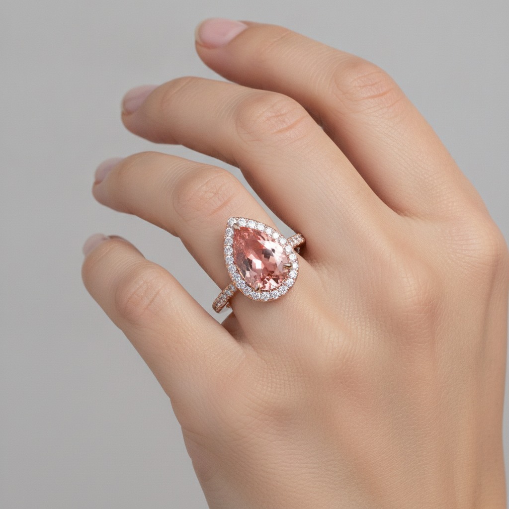 Pear Padparadscha and White Diamond Halo Ring Natural 14K Rose Gold