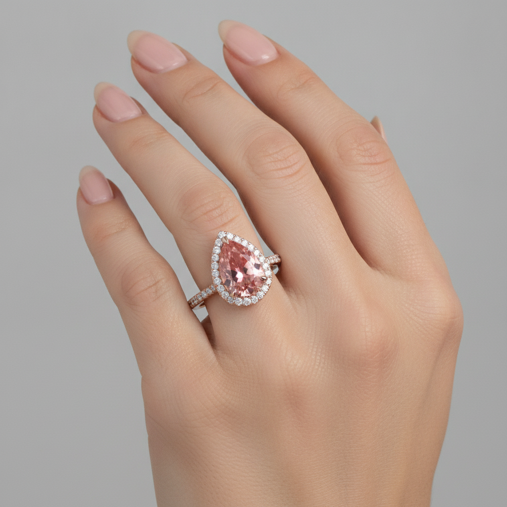 Pear Padparadscha and White Diamond Halo Ring Natural 14K Rose Gold
