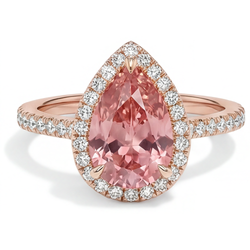 Pear Padparadscha and White Diamond Pave Halo Ring Natural 14K Rose Gold