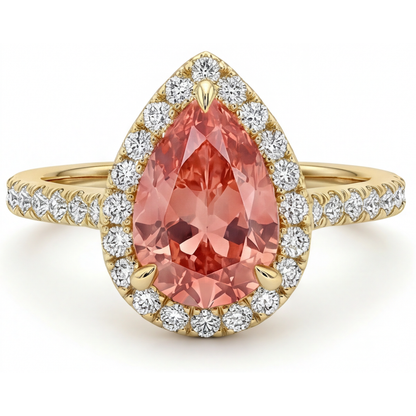Pear Padparadscha and White Diamond Halo Ring Natural 14K Yellow Gold