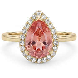 Pear Padparadscha and White Diamond Halo Ring Natural 14K Yellow Gold