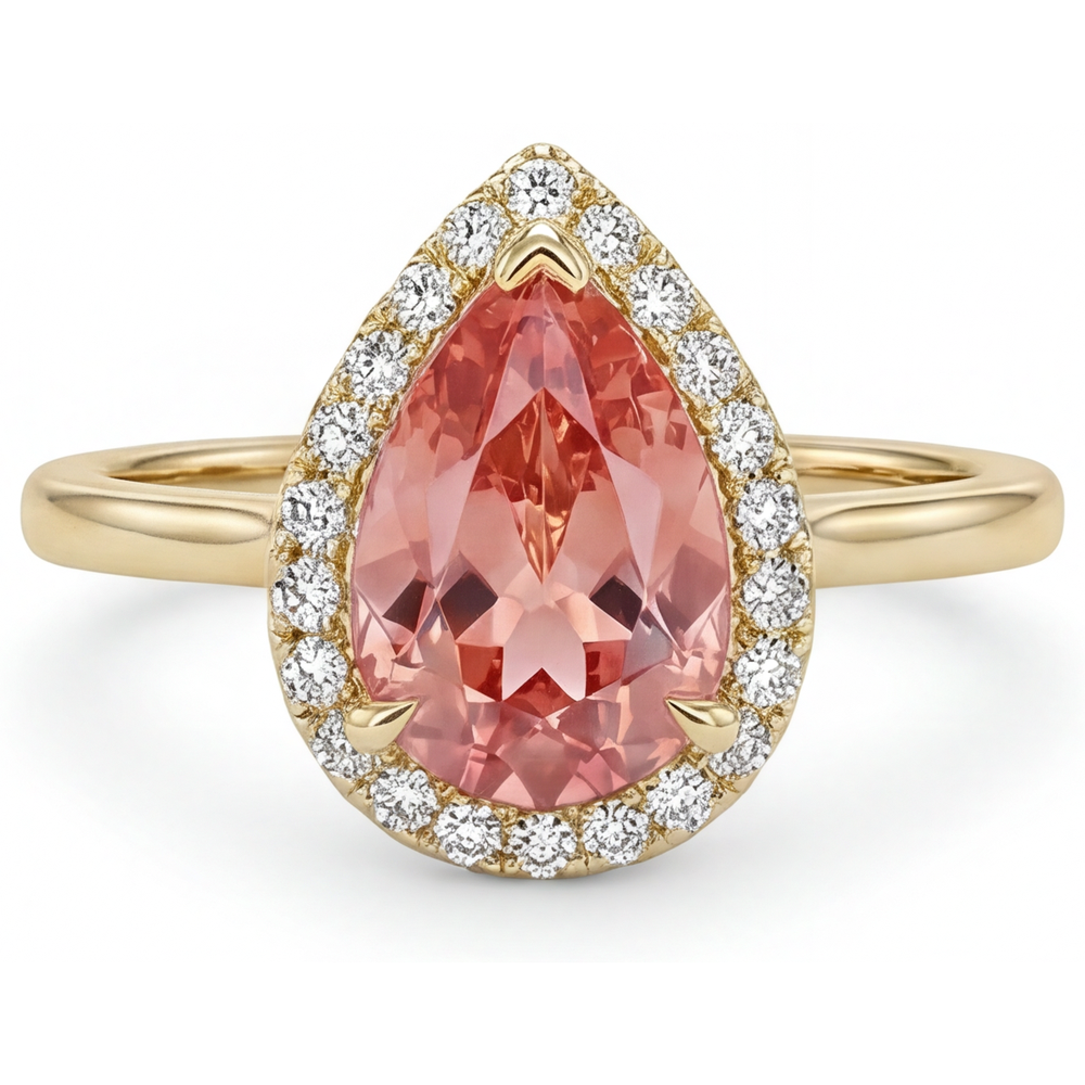Pear Padparadscha and White Diamond Halo Ring Natural 14K Yellow Gold