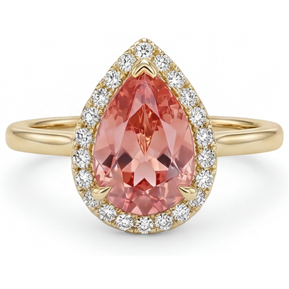 Pear Padparadscha and White Diamond Halo Ring Natural 14K Yellow Gold