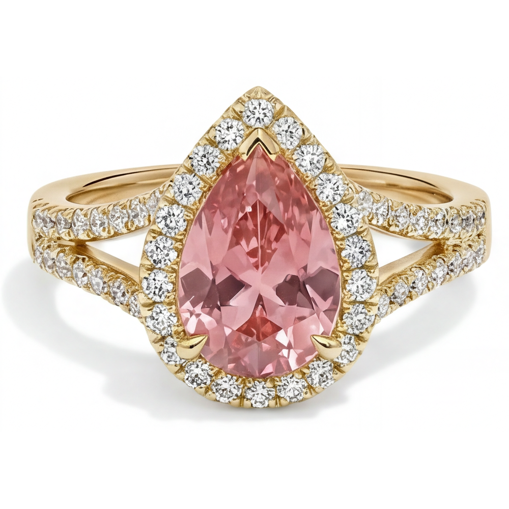 Pear Padparadscha and White Diamond Halo Ring Natural 14K Yellow Gold