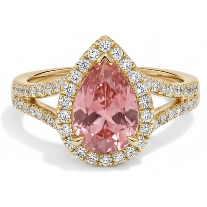 Pear Padparadscha and White Diamond Halo Ring Natural 14K Yellow Gold