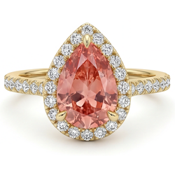 Pear Padparadscha and White Diamond Halo Ring Natural 14K Yellow Gold