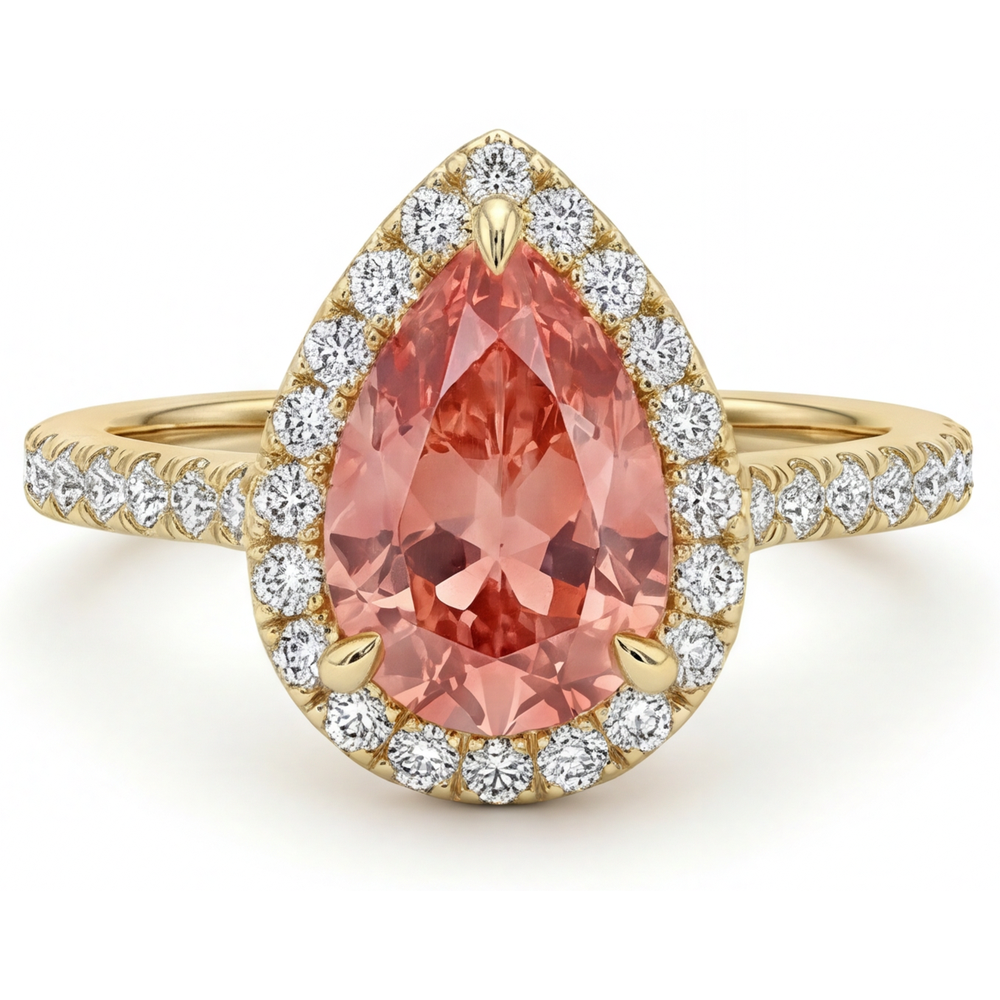 Pear Padparadscha and White Diamond Halo Ring Natural 14K Yellow Gold