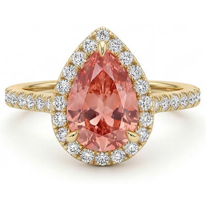 Pear Padparadscha and White Diamond Halo Ring Natural 14K Yellow Gold