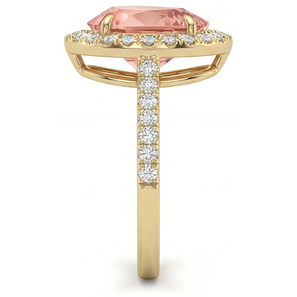 Pear Padparadscha and White Diamond Halo Ring Natural 14K Yellow Gold