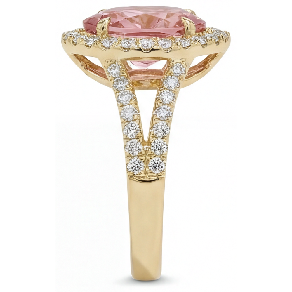 Pear Padparadscha and White Diamond Halo Ring Natural 14K Yellow Gold