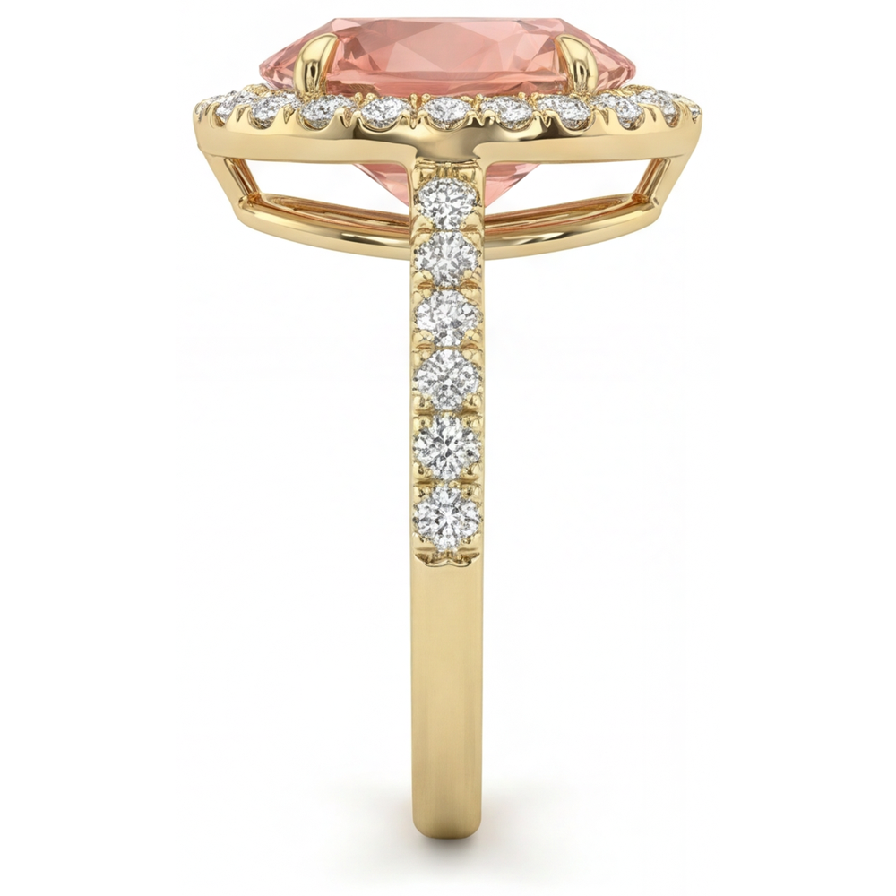 Pear Padparadscha and White Diamond Halo Ring Natural 14K Yellow Gold
