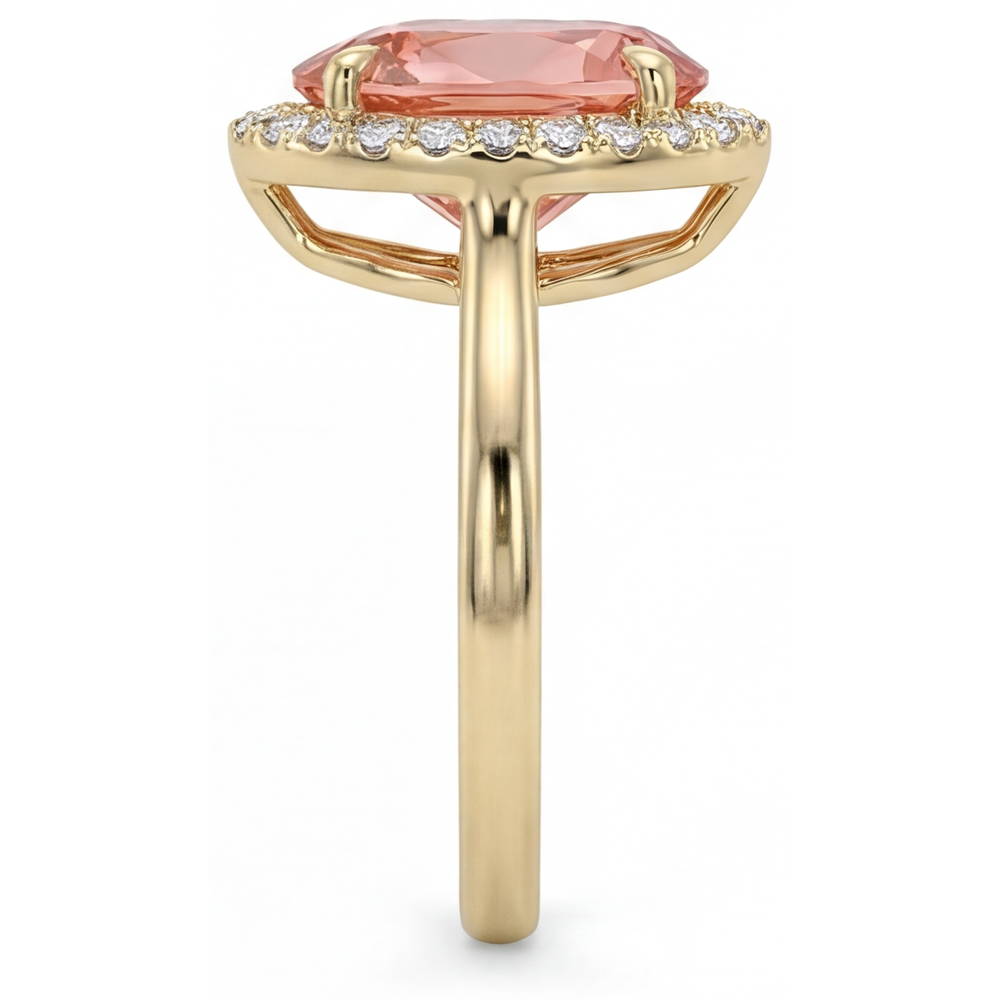 Pear Padparadscha and White Diamond Halo Ring Natural 14K Yellow Gold