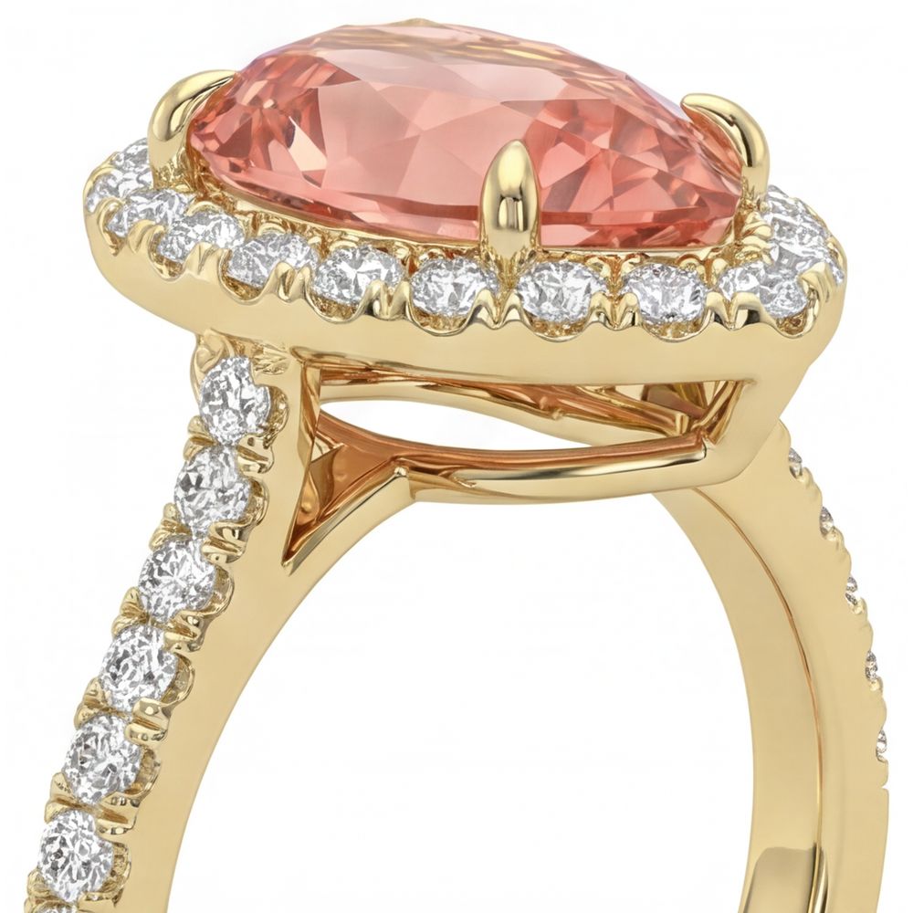 Pear Padparadscha and White Diamond Halo Ring Natural 14K Yellow Gold