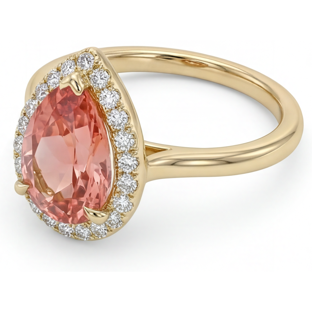 Pear Padparadscha and White Diamond Halo Ring Natural 14K Yellow Gold