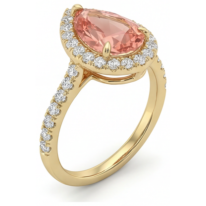 Pear Padparadscha and White Diamond Halo Ring Natural 14K Yellow Gold