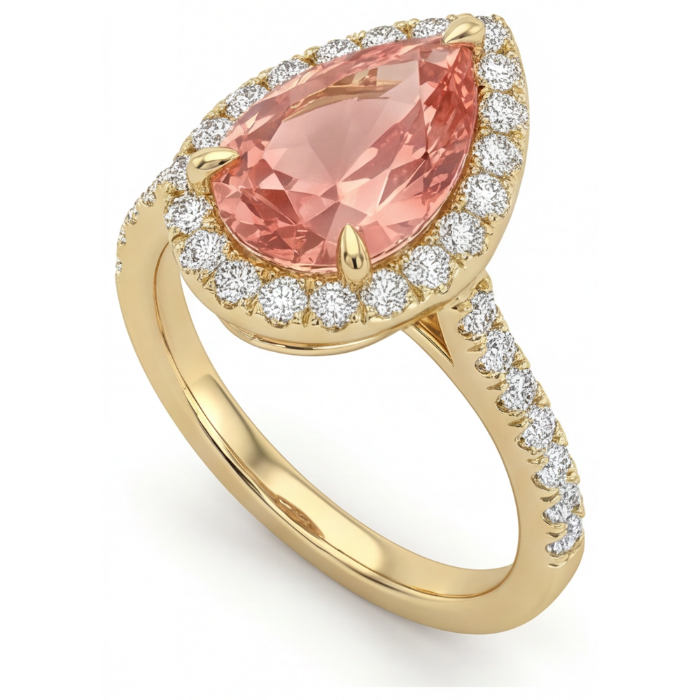 Pear Padparadscha and White Diamond Halo Ring Natural 14K Yellow Gold