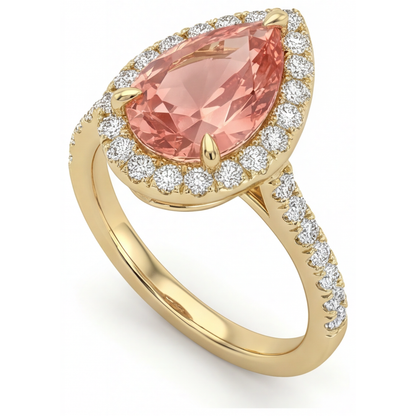 Pear Padparadscha and White Diamond Halo Ring Natural 14K Yellow Gold