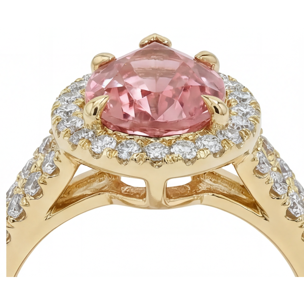 Pear Padparadscha and White Diamond Halo Ring Natural 14K Yellow Gold