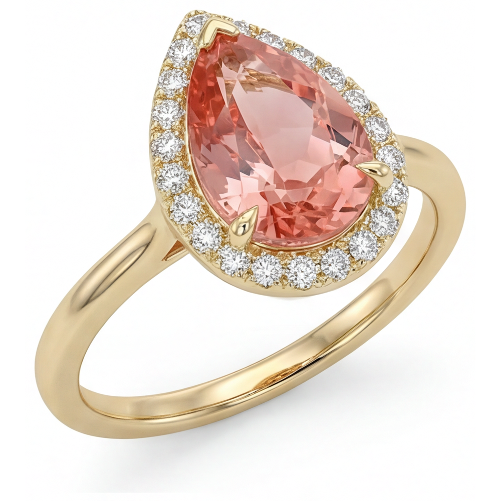 Pear Padparadscha and White Diamond Halo Ring Natural 14K Yellow Gold