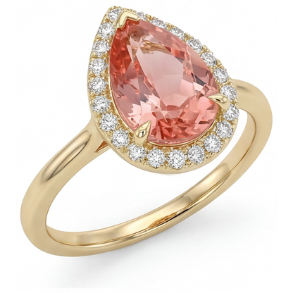 Pear Padparadscha and White Diamond Halo Ring Natural 14K Yellow Gold
