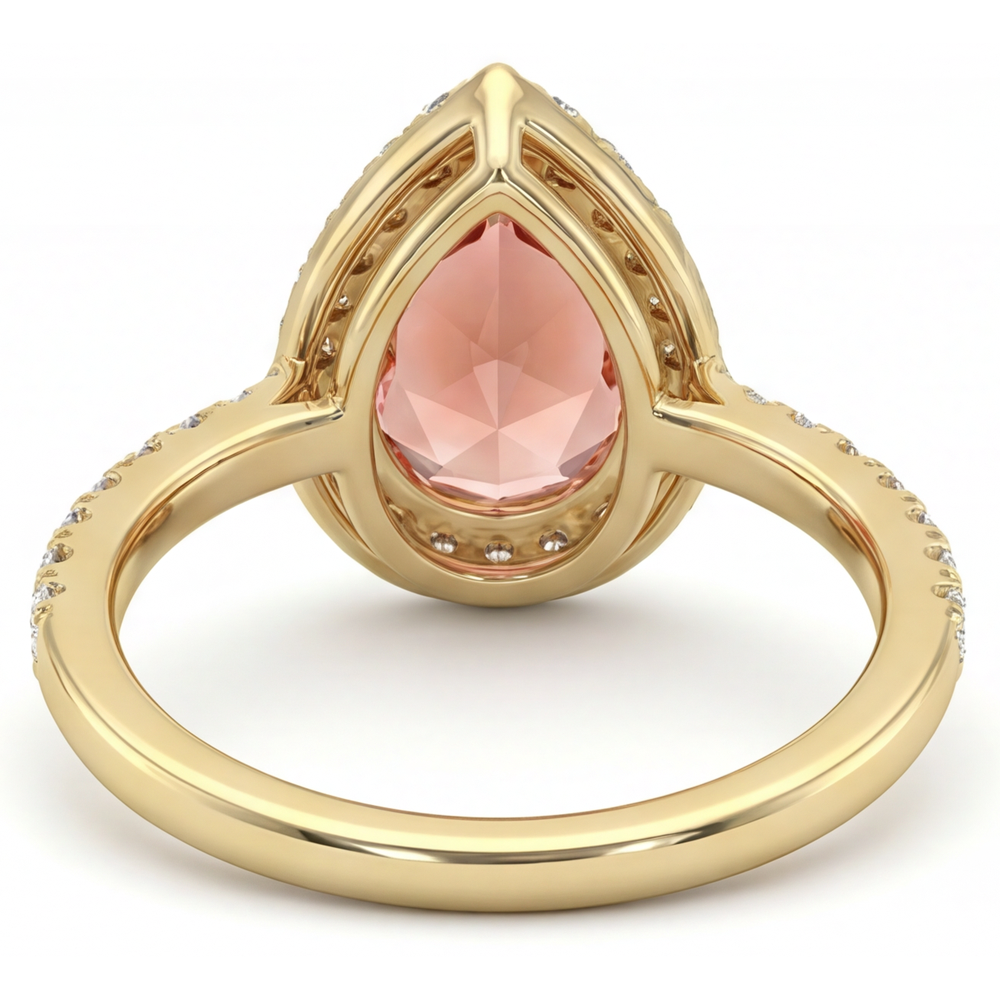 Pear Padparadscha and White Diamond Halo Ring Natural 14K Yellow Gold