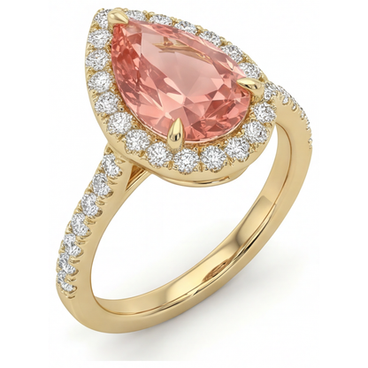 Pear Padparadscha and White Diamond Halo Ring Natural 14K Yellow Gold