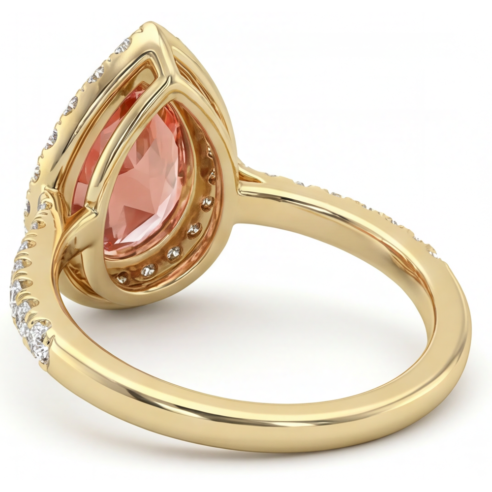 Pear Padparadscha and White Diamond Halo Ring Natural 14K Yellow Gold
