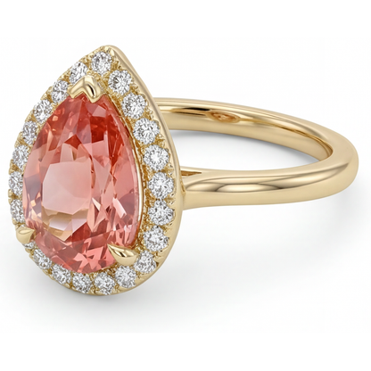 Pear Padparadscha and White Diamond Halo Ring Natural 14K Yellow Gold