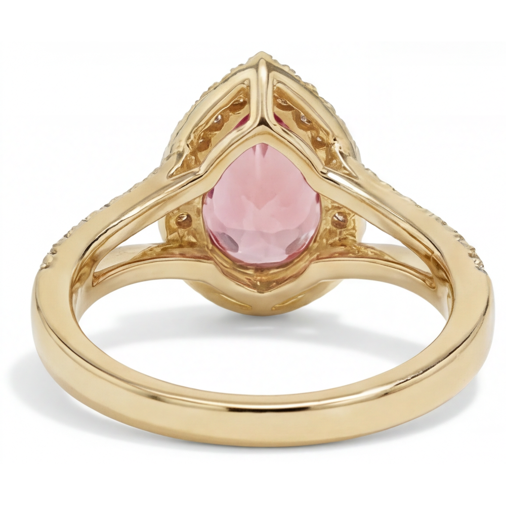 Pear Padparadscha and White Diamond Halo Ring Natural 14K Yellow Gold
