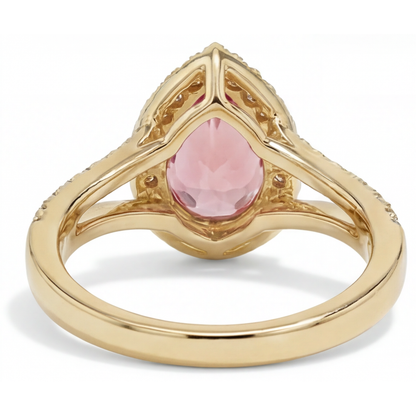 Pear Padparadscha and White Diamond Halo Ring Natural 14K Yellow Gold