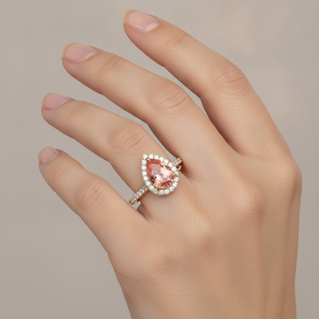 Pear Padparadscha and White Diamond Halo Ring Natural 14K Yellow Gold