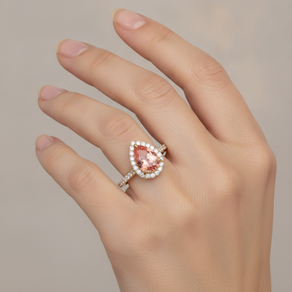 Pear Padparadscha and White Diamond Halo Ring Natural 14K Yellow Gold