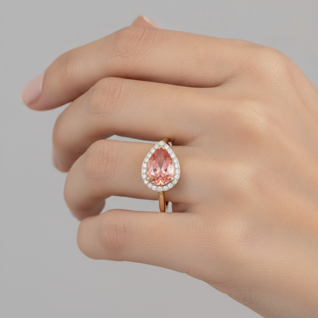 Pear Padparadscha and White Diamond Halo Ring Natural 14K Yellow Gold