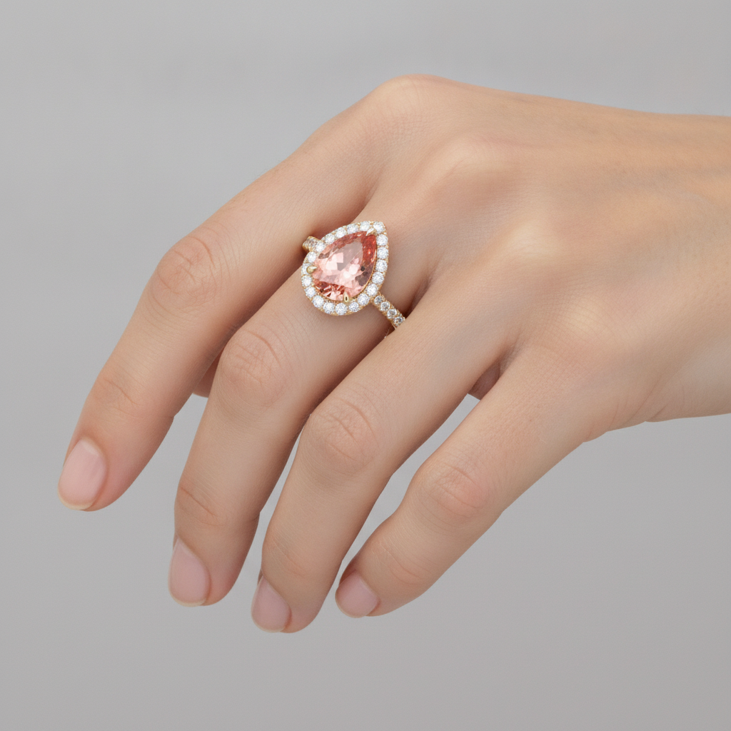 Pear Padparadscha and White Diamond Halo Ring Natural 14K Yellow Gold