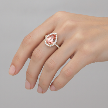 Pear Padparadscha and White Diamond Halo Ring Natural 14K Yellow Gold