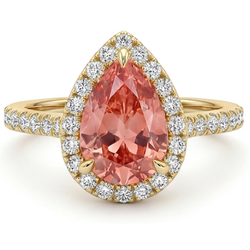 Pear Padparadscha and White Diamond Pave Halo Ring Natural 14K Yellow Gold