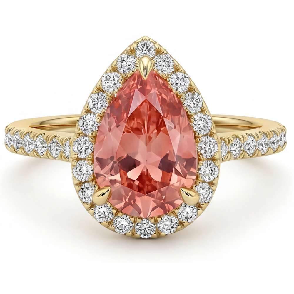 Pear Padparadscha and White Diamond Halo Ring Natural 14K Yellow Gold