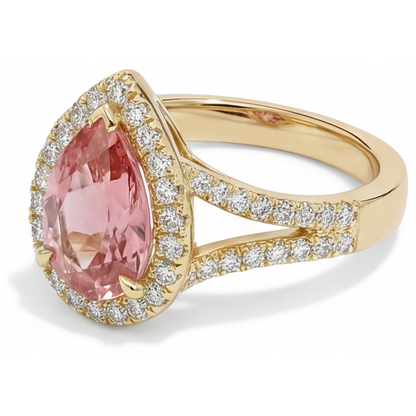 Pear Padparadscha and White Diamond Halo Ring Natural 14K Yellow Gold