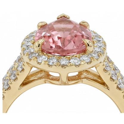 Pear Padparadscha and White Diamond Halo Ring Natural 14K Yellow Gold