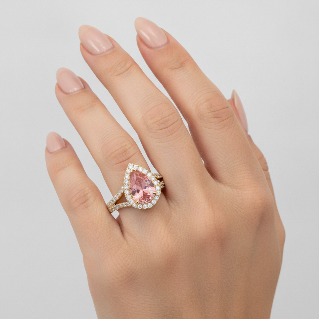 Pear Padparadscha and White Diamond Halo Ring Natural 14K Yellow Gold