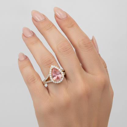 Pear Padparadscha and White Diamond Halo Ring Natural 14K Yellow Gold