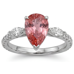 Pear Padparadscha and White Diamond Three Stone Ring Natural 14K White Gold
